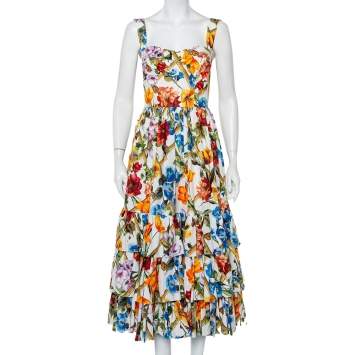 Pre Owned Dolce & Gabbana Multicolor Floral Printed Cotton Bustier Detail Sleeveless Midi Dress S