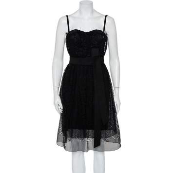 Pre Owned Dolce & Gabbana Black Cutwork Chiffon Bustier Detail Sleeveless Midi Dress XS