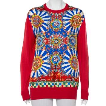 Pre Owned Dolce & Gabbana red Carretto Siciliano Printed Silk & Knit Crewneck Jumper M