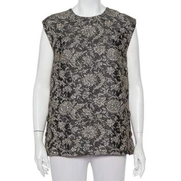 Pre Owned Dolce & Gabbana Grey Lurex Floral Jacquard Embellished Button Detail Sleeveless Top S