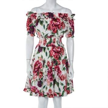 Pre Owned Dolce & Gabbana White Peony Printed Cotton Ruffle Detail Off Shoulder Mini Dress XS