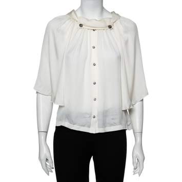 Pre Owned Dolce & Gabbana off White Silk Embellished Button Detail Bell Sleeve Top S