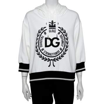 Pre Owned Dolce & Gabbana White Cotton Logo Printed Hooded Sweatshirt S   