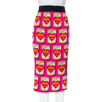 Pre Owned Dolce & Gabbana Pink Amore Printed Silk Pencil Skirt S