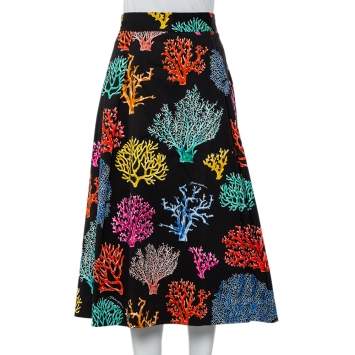 Pre Owned Dolce & Gabbana Black Coral Print Cotton Midi Skirt L