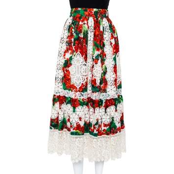 Pre Owned Dolce & Gabbana Red Floral Printed Cotton & Lace Paneled Midi Skirt S
