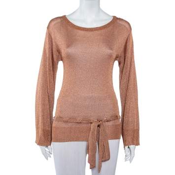 Pre Owned Dolce & Gabbana Brown Lurex Knit Waist Tie Detail Top M