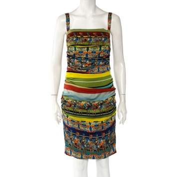 Pre Owned Dolce & Gabbana Multicolor Sicilian Warrior Stripe Printed Silk Ruched Sleeveless Mini Dress L