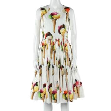 Pre Owned Dolce & Gabbana White Ice Cream Print Cotton Gathered Dress M