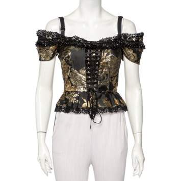 Pre Owned Dolce & Gabbana Black and Gold Jacquard Bead Detail Off Shoulder Corset Top S