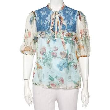 Pre Owned Dolce & Gabbana Multicolor Silk & Lace Neck Tie Detail Top M