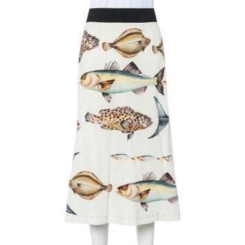 Pre Owned Dolce & Gabbana Cream Fish Printed Crepe A-Line Midi Skirt S