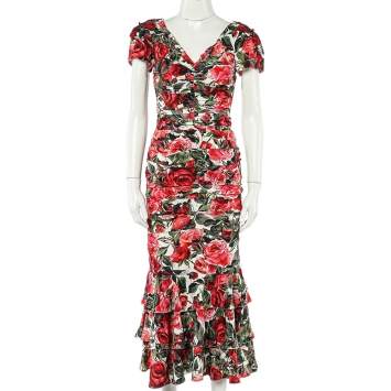 Pre Owned Dolce & Gabbana Multicolor Floral Printed Silk Crepe Ruched Midi Dress S