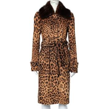 Pre Owned Dolce & Gabbana Brown Leopard Printed Corduroy Fur Collar Detail Coat M 