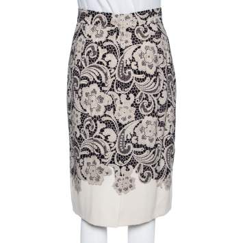 Pre Owned Dolce & Gabbana Cream Lace Printed Crepe Pencil Skirt S