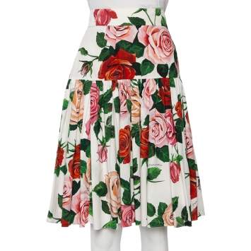 Pre Owned Dolce & Gabbana White Rose Printed Cotton Flared Mini Skirt L