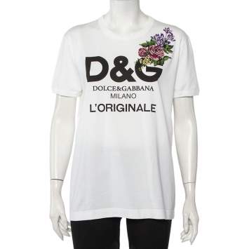 Pre Owned Dolce & Gabbana White Logo Printed Cotton Floral Applique Detail Crewneck T-Shirt L