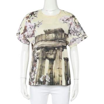 Pre Owned Dolce & Gabbana Cream Ancient Greece & Almond Blossom Printed Silk Top S