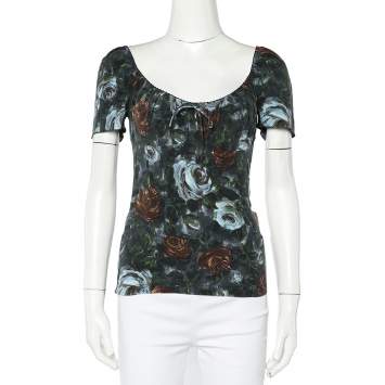 Pre Owned Dolce & Gabbana Grey Floral Printed Silk Scoop Neck Top S