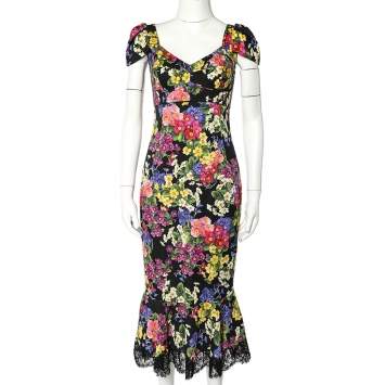 Pre Owned Dolce &Gabbana Black Fiorellini Printed Silk Lace Trim Bustier Detail Midi Dress S