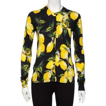Pre Owned Dolce & Gabbana Black lemon printed Silk & Cashmere Button Front Cardigan S