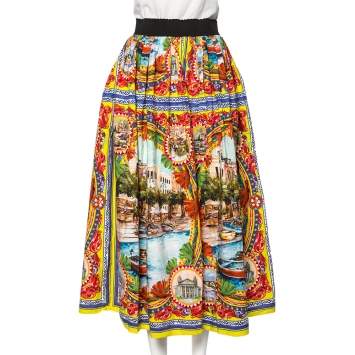 Pre Owned Dolce & Gabbana Multicolor Sicilian Postcard Printed Cotton Midi Skirt S