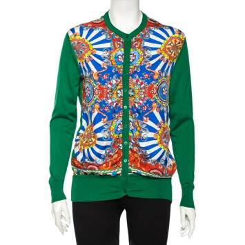 Pre Owned Dolce & Gabbana Green and Multicolor Silk Carretto Siciliano Print Cardigan S