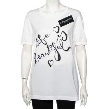 Pre Owned Dolce & Gabbana White Cotton Life is Beautiful Embroidered T-Shirt L