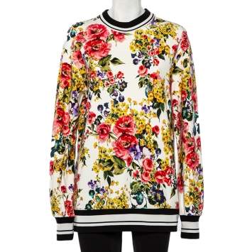 Pre Owned Dolce & Gabbana White Floral Printed Cotton Contrast Collar Detail Jumper S
