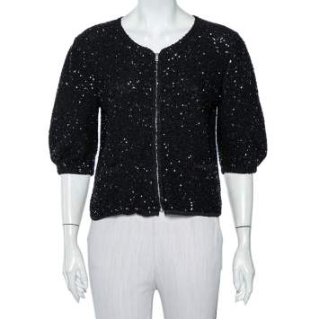 Pre Owned Dolce & Gabbana Black Sequin Embellished Knit Zip Front Jacket L