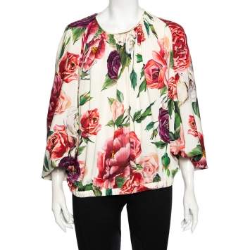Pre Owned Dolce & Gabbana White Peonies Printed Silk Elastic Hem Top XL