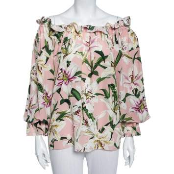 Pre Owned Dolce & Gabbana Pink Lily Printed Silk Ruffled Off Shoulder Gypsy Top M