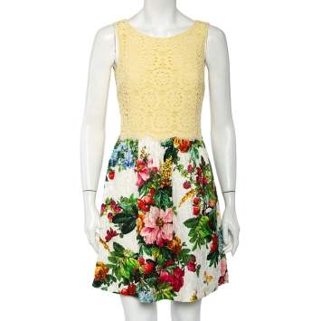 Pre Owned Dolce & Gabbana Yellow Lace & Floral Jacquard Mini Dress S