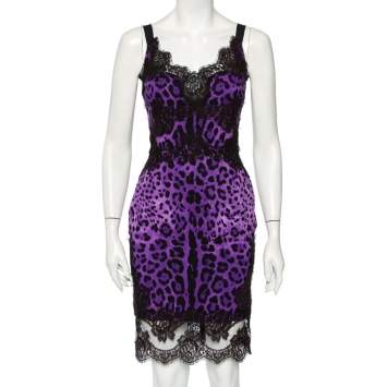 Pre Owned Dolce & Gabbana Purple Animal Printed Silk Lace Trim Sleeveless Sheath Dress S