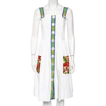 Pre Owned Dolce & Gabbana White Cotton Contrast Detail Sleeveless Midi Dress M