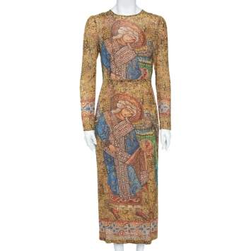Pre Owned Dolce & Gabbana Yellow Byzantine Mosaic Printed Silk Maxi Dress M
