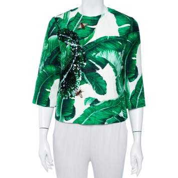 Pre Owned Dolce & Gabbana Green Banana Leaf Printed Jacquard Embellished Collarless Jacket S
