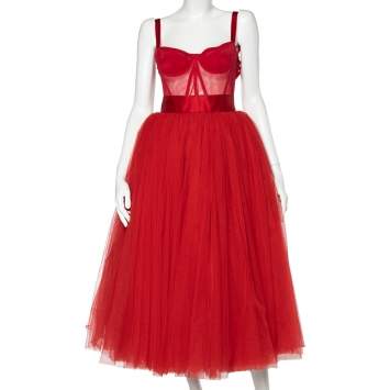 Pre Owned Dolce & Gabbana Red Tulle Bustier Midi Dress XS