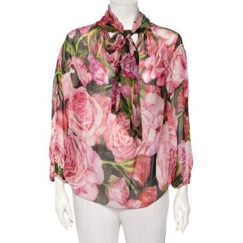 Pre Owned Dolce & Gabbana Pink Rose Printed Silk Neck Tie Detail Top M