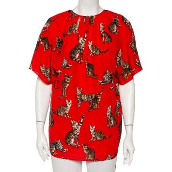 Pre Owned Dolce & Gabbana Red Cat Printed Silk Short Sleeve Blouse M