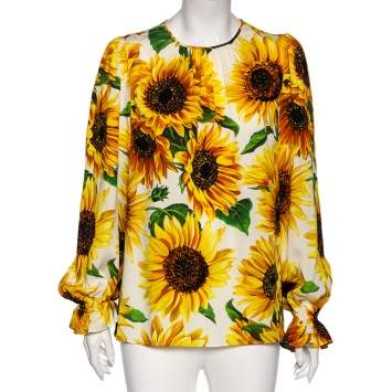 Pre Owned Dolce & Gabbana Yellow Sunflower Printed Silk Blouse M