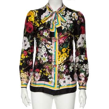 Pre Owned Dolce & Gabbana Black Floral Printed Silk Neck Tie Detail Shirt M