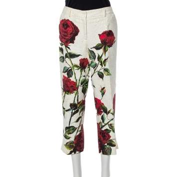 Pre Owned Dolce & Gabbana White Rose printed Brocade Tapered Cropped Pants L