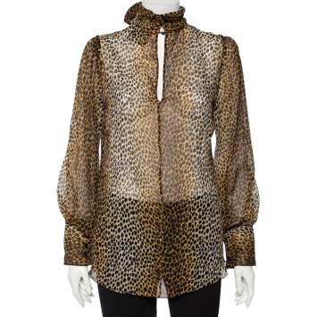 Pre Owned Dolce & Gabbana Leopard Print Silk Turtle Neck Blouse M 