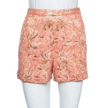 Pre Owned Dolce & Gabbana Peach Brocade Silk High Waist Shorts XS 