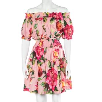 Pre Owned Dolce & Gabbana Pink Floral Printed Cotton Off Shoulder Dress M