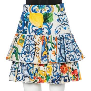 Pre Owned Dolce & Gabbana Multicolor Majolica Printed Cotton Tiered Skirt M