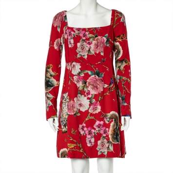 Pre Owned Dolce & Gabbana Red Crepe Enchanted Forest Print Long Sleeve Dress M