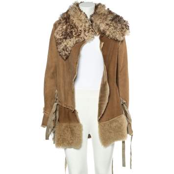 Pre Owned Dolce & Gabbana Beige Fur And Leather Stitch Detail Tie Front Overcoat S