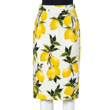 Pre Owned Dolce & Gabbana White Lemon Print Crepe Knee Length Skirt M